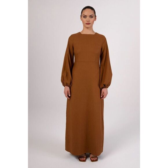 Veiled New York Womens Brown Linen Round Neck Balloon Sleeve Maxi Dress Small - Picture 1 of 15